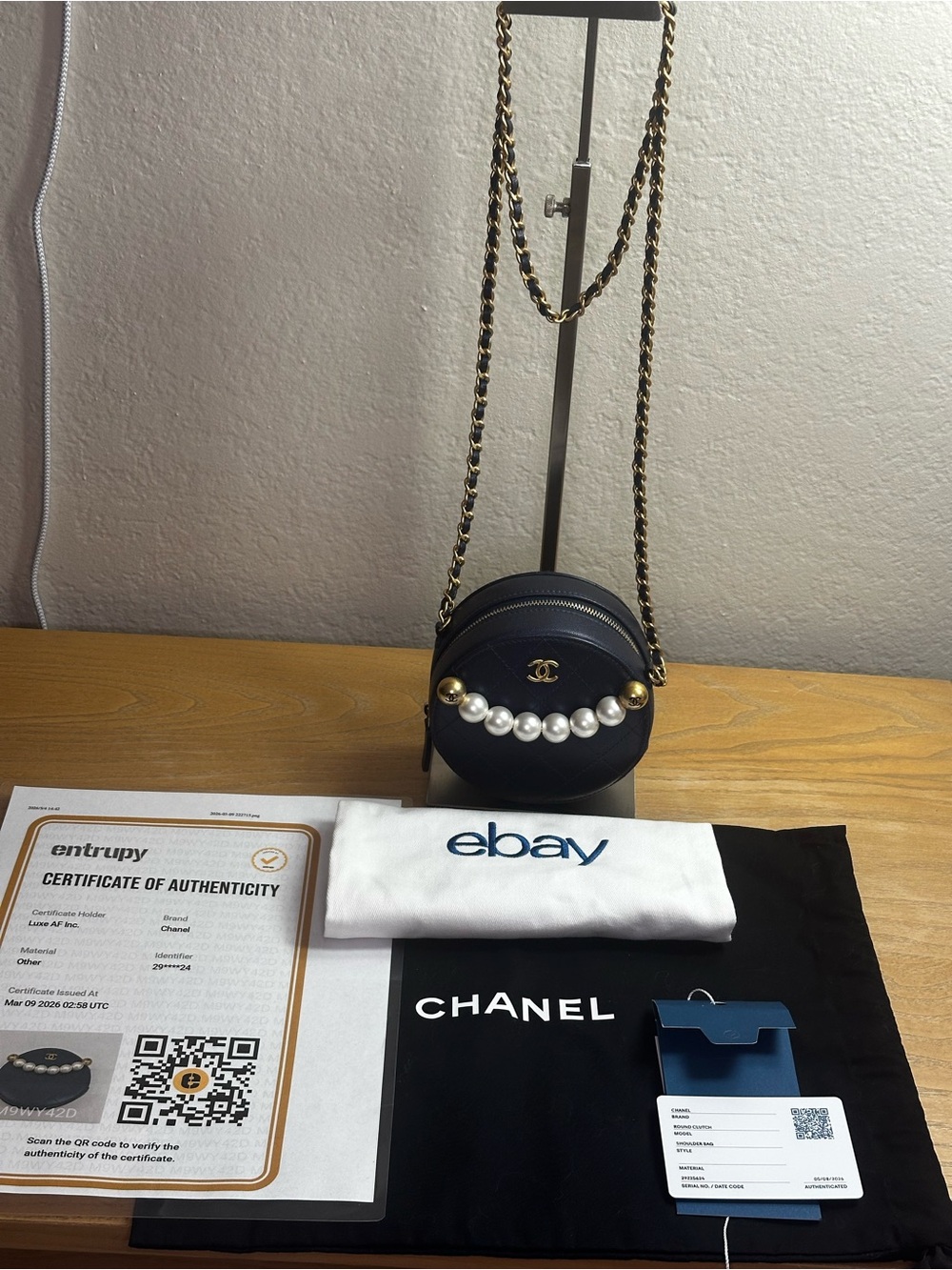 CHANEL iridescent navy Leather Round Crossbody with Pearl Accent and Gold Chain